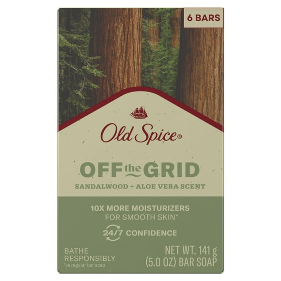 Old Spice Bar Soap for Men, Off the Grid Sandalwood + Aloe Vera Scent, 10x More Moisturizers for Smooth Skin with Mild Exfoliators & Plant Based Cleansers, 5.0 oz (Pack of 6)