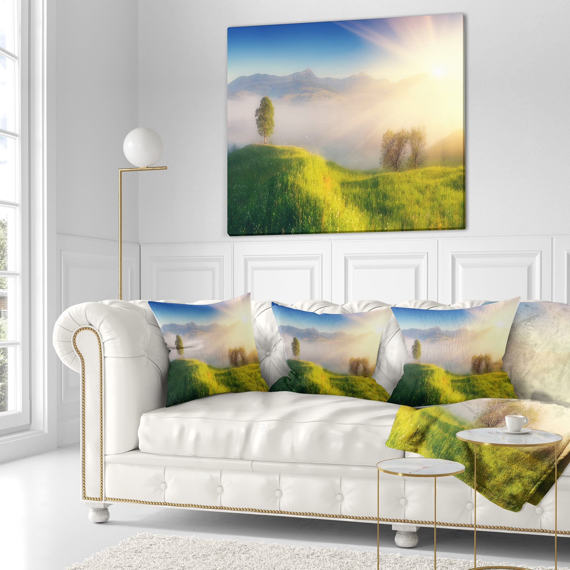 Designart Morning Mist over Mountain Village - Landscape Printed Throw Pillow - 16x16