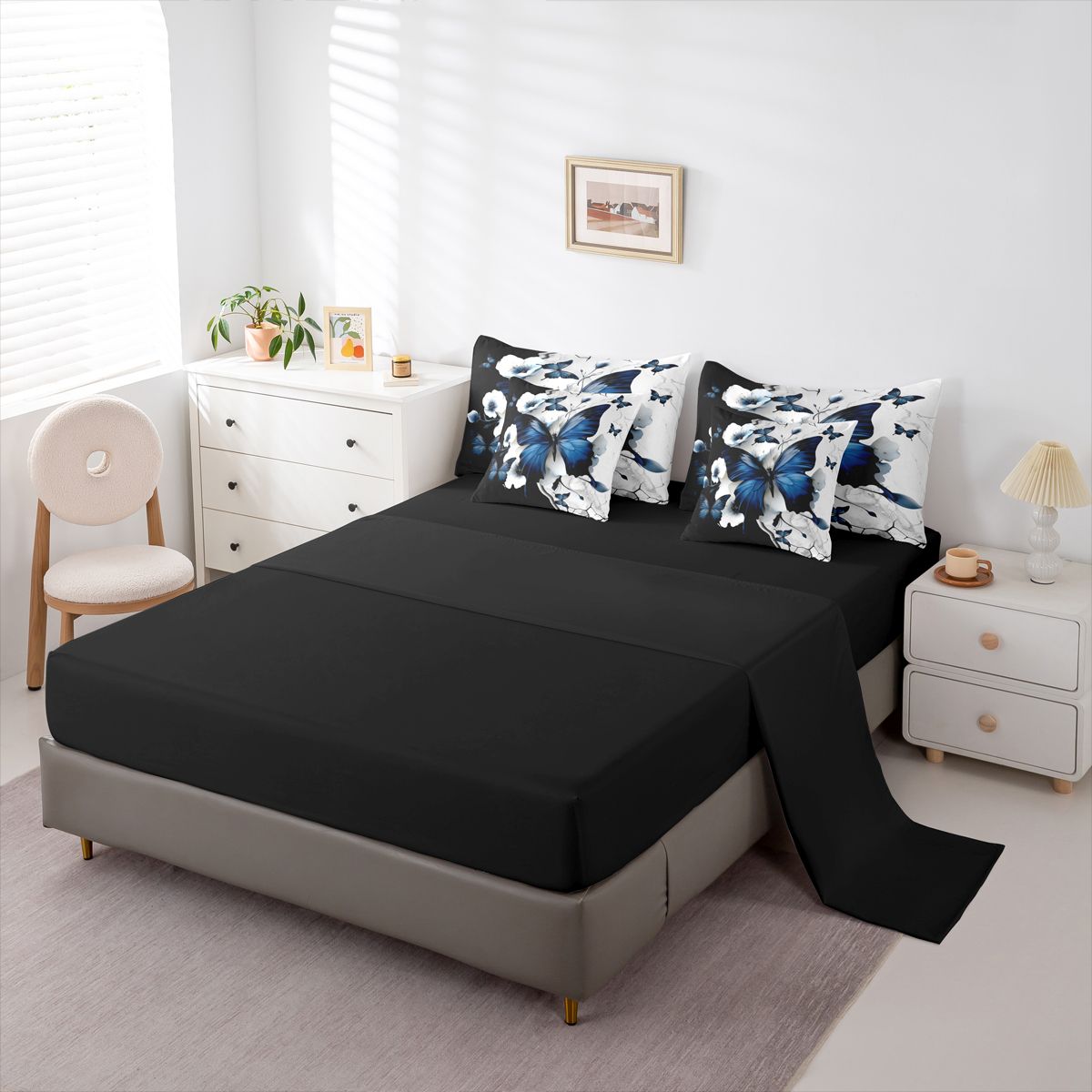 Homewish 3D Cartoon Butterflies 7 Pieces Bedding Comforter Set,Retro Rustic Floral Full Bedding Set,Blue White Black Fitted Sheet Flat Sheet For Girls Teens,Breathable Home Decor Reversible