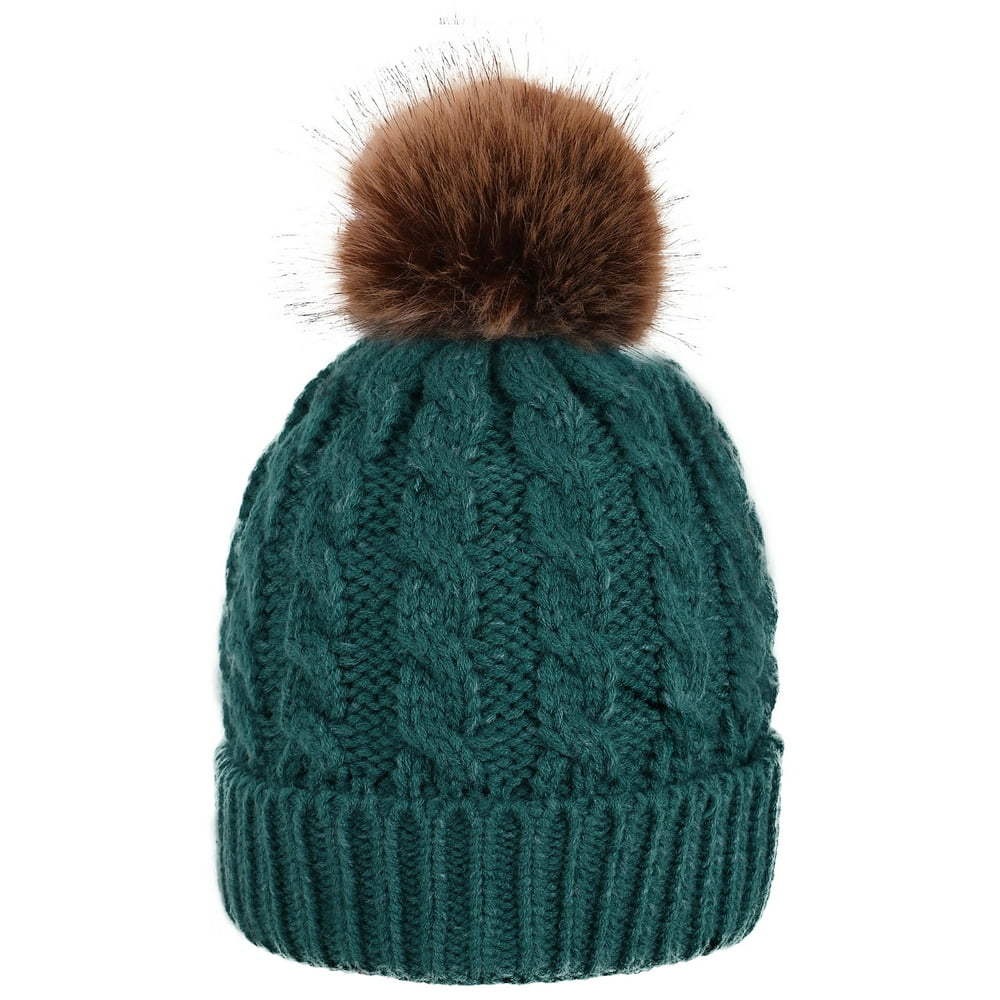 Women's Winter Soft Knitted Beanie Hat with Faux Fur Pom Pom, Green