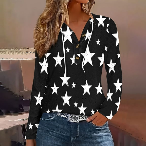 Trushirts Women's Long Sleeve V-Neck Star Print Top - Stretchy Polyester Spandex Blend, Casual, Black, Size L
