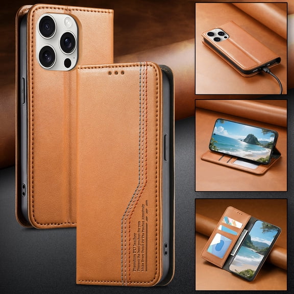 For iPhone 15 Plus/14 Plus Phone Case,Three-color Thread Design,Anti-Scratch PU Leather Flip Folding Kickstand,With Card Slots,Folio Magnetic Closure,Shockproof Drop protection Phone Case,Brown