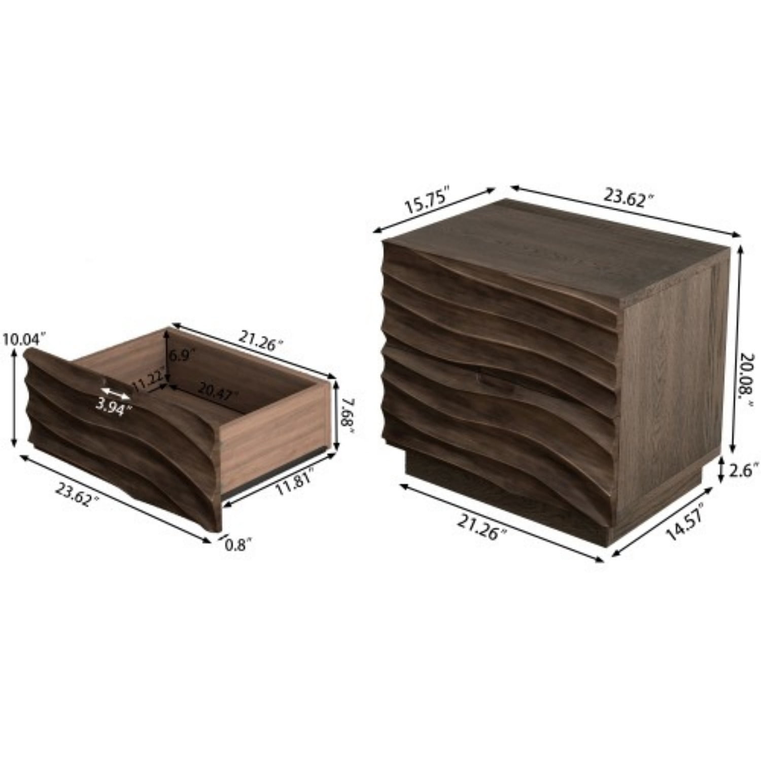 Solid Wood Nightstand with 2 Drawers, Modern Bedside Table with Handle-Free Curved Drawer Design, Wooden End Table for Bedroom, Living Room, Brown