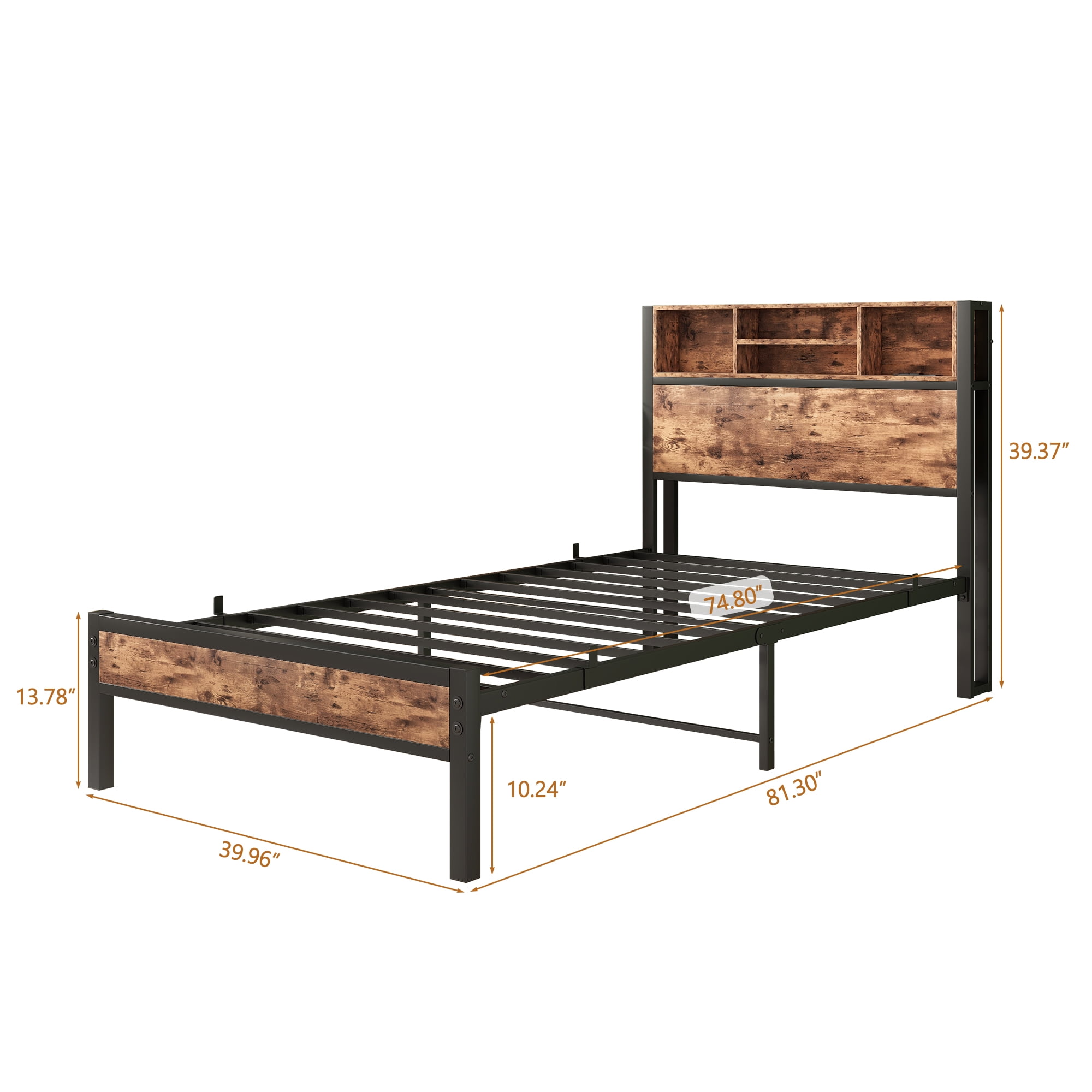 Twin Size Metal Platform Bed Frame with Storage Headboard - Charging Station, Bookcase, No Box Spring Needed
