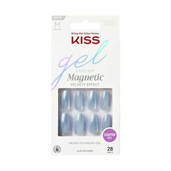 KISS Gel Fantasy Magnetic Press on Nails, After Summer, Blue, Medium Almond, 28 Count
