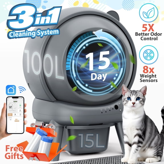 Self Cleaning Litter Box, 100 L 15L Automatic Cat Litter Box Self Cleaning for Multiple Cats, with Safety Protection, App Control,2 Roll Garbage Bags Cat litter mat
