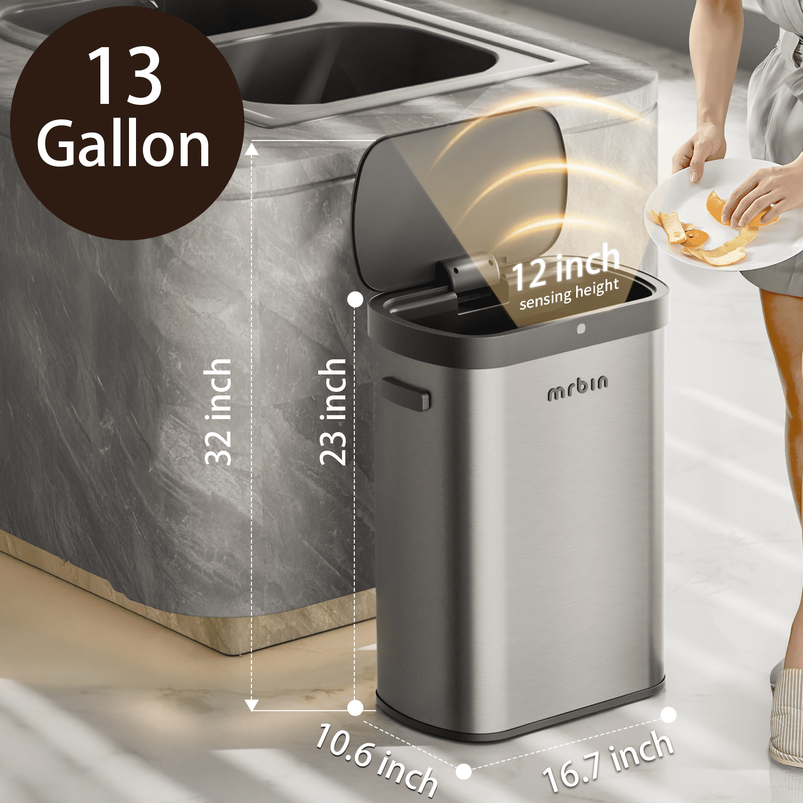 Mrbin 13 Gal Automatic Kitchen Trash Can, Stainless Steel Garbage Can with Lid, Fingerprint Resistant, Gray
