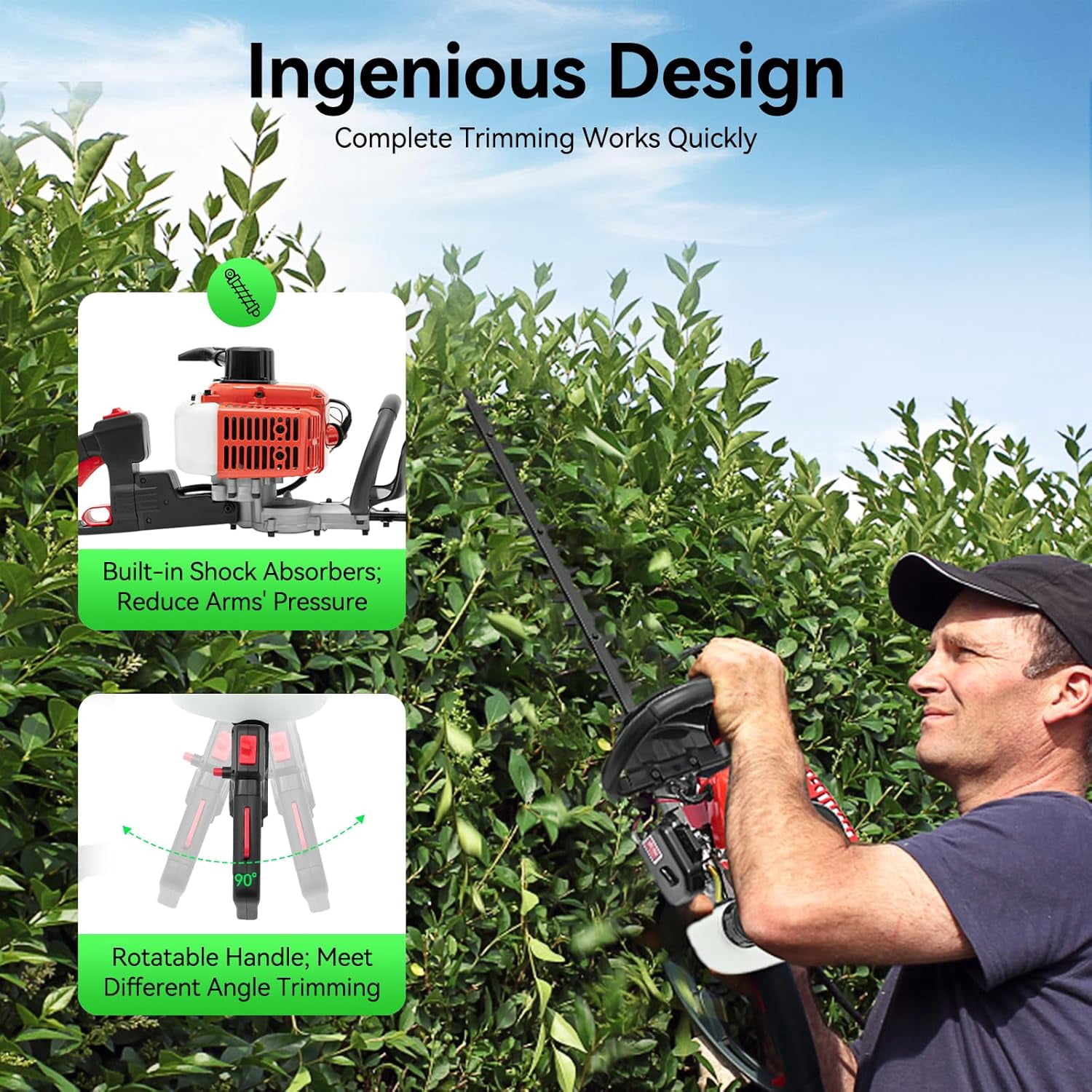 22.5cc 2-Stroke Gas Powered Dual Sided Hedge Trimmer with Rotating Handle, Garden Tool to Trim Shrubs, Bushes, and More, Lightweight for Gardener Professional Landscaper Home User