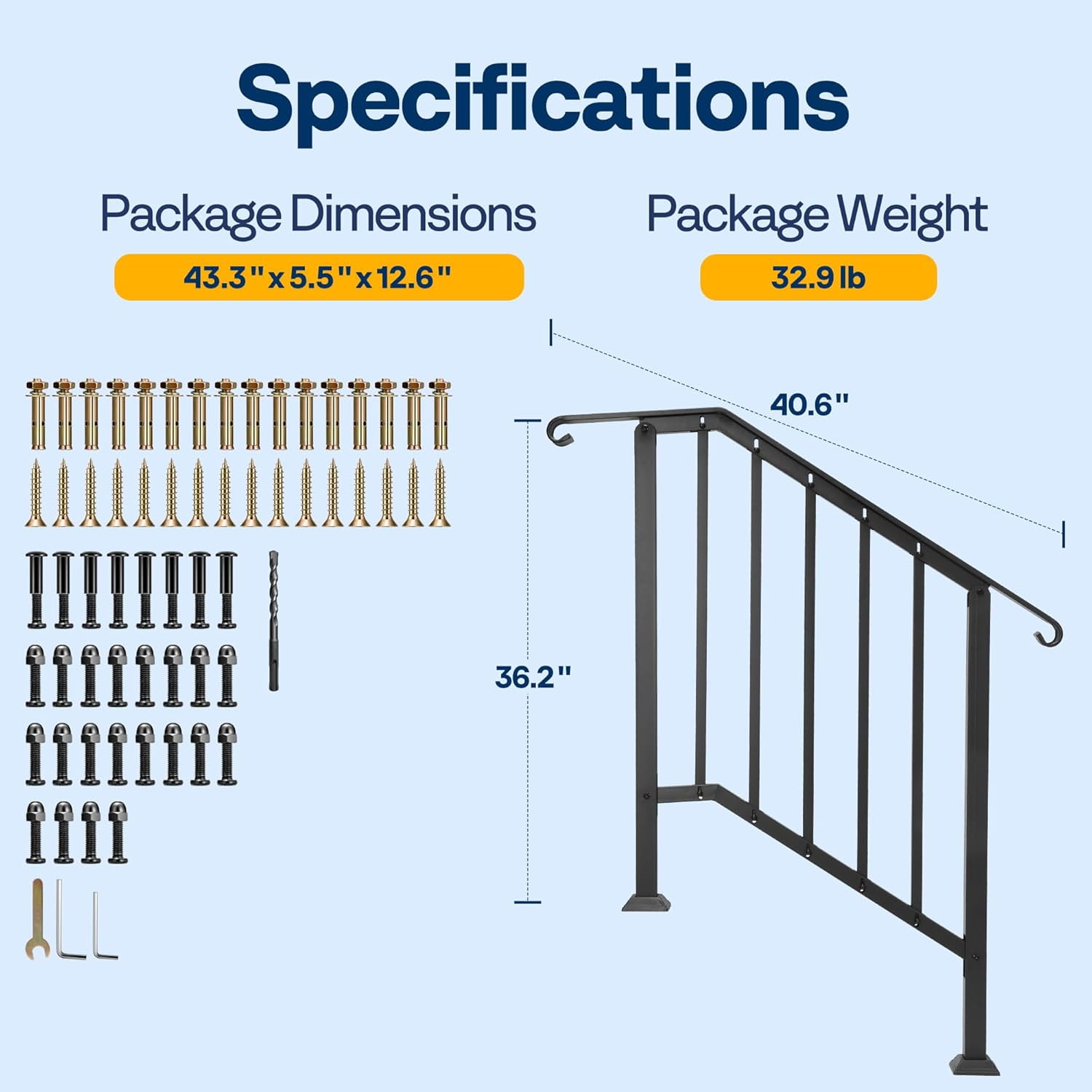 SPECSTAR 2-Pack Outdoor Handrails, 3-4 Step Galvanized Steel Railing Kit, Curved Ends and Safty Balusters Exterior Hand Railing
