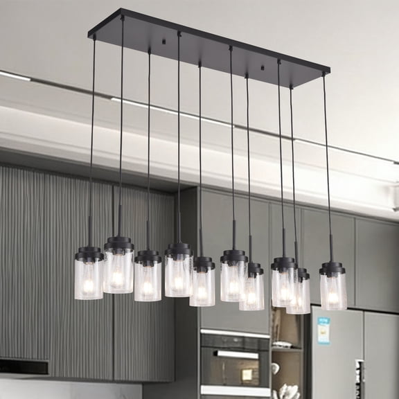 10 Lights Kitchen Island Lighting,Modern Black Linear Chandeliers,Dining Room Light Fixtures with Clear Glass Shade,Farmhouse Chandelier for Dining Room