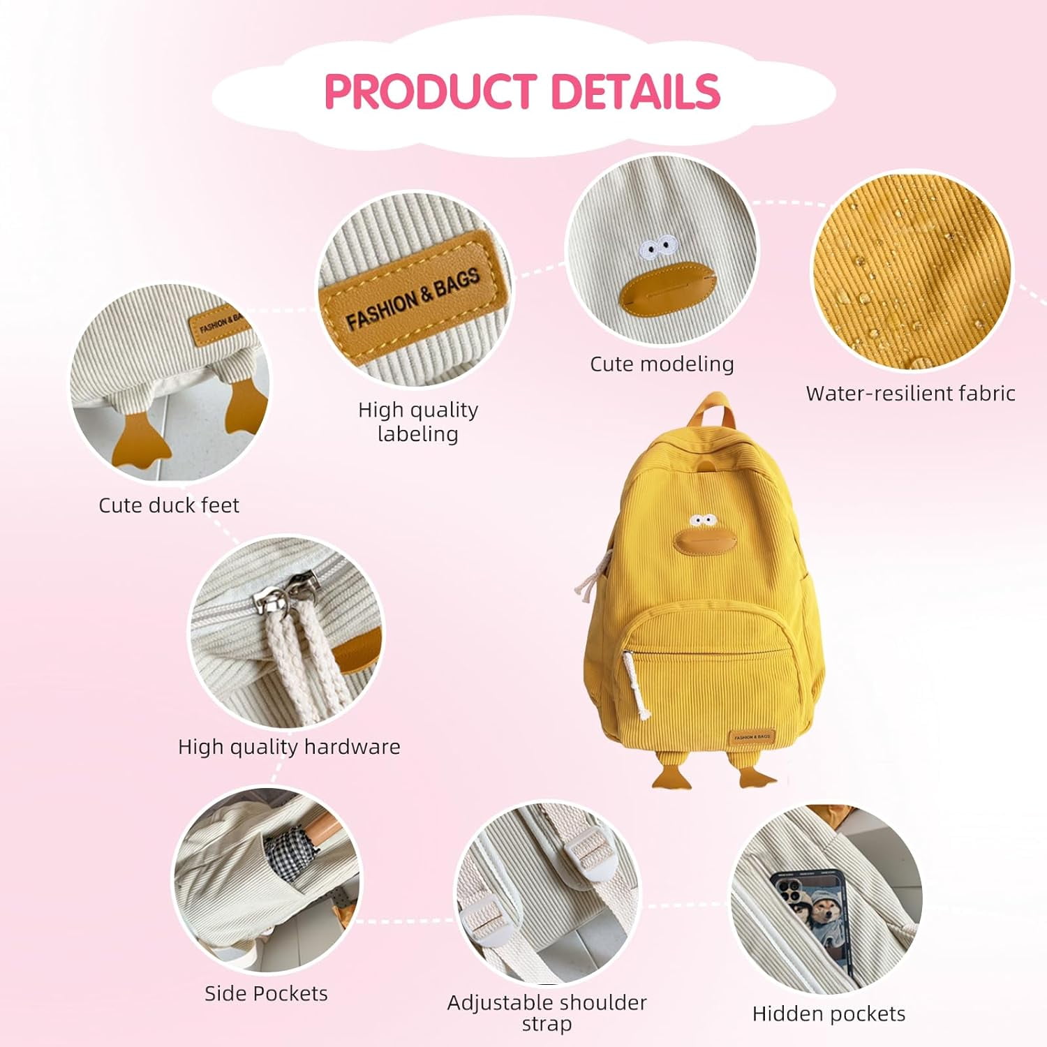 Duck Cute Backpack, Large Capacity Cute Schoolbag Funny Aesthetic Kawaii Corduroy Mochila (white)