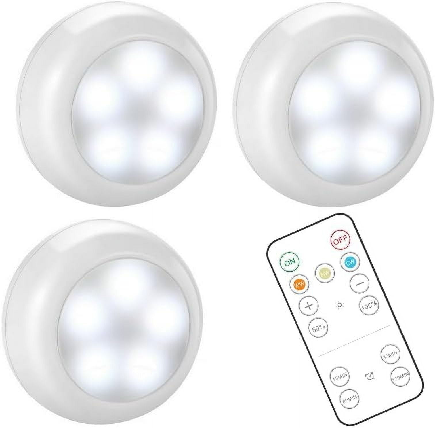 JJEAN-Wireless LED Puck Lights with Remote Control, AA-1030 Battery Operated Lights with 3 AA Batteries, Stick on LED Under Cabinet Lighting with Timer& Dimmable, Cool White and Warm White (3 Pack)
