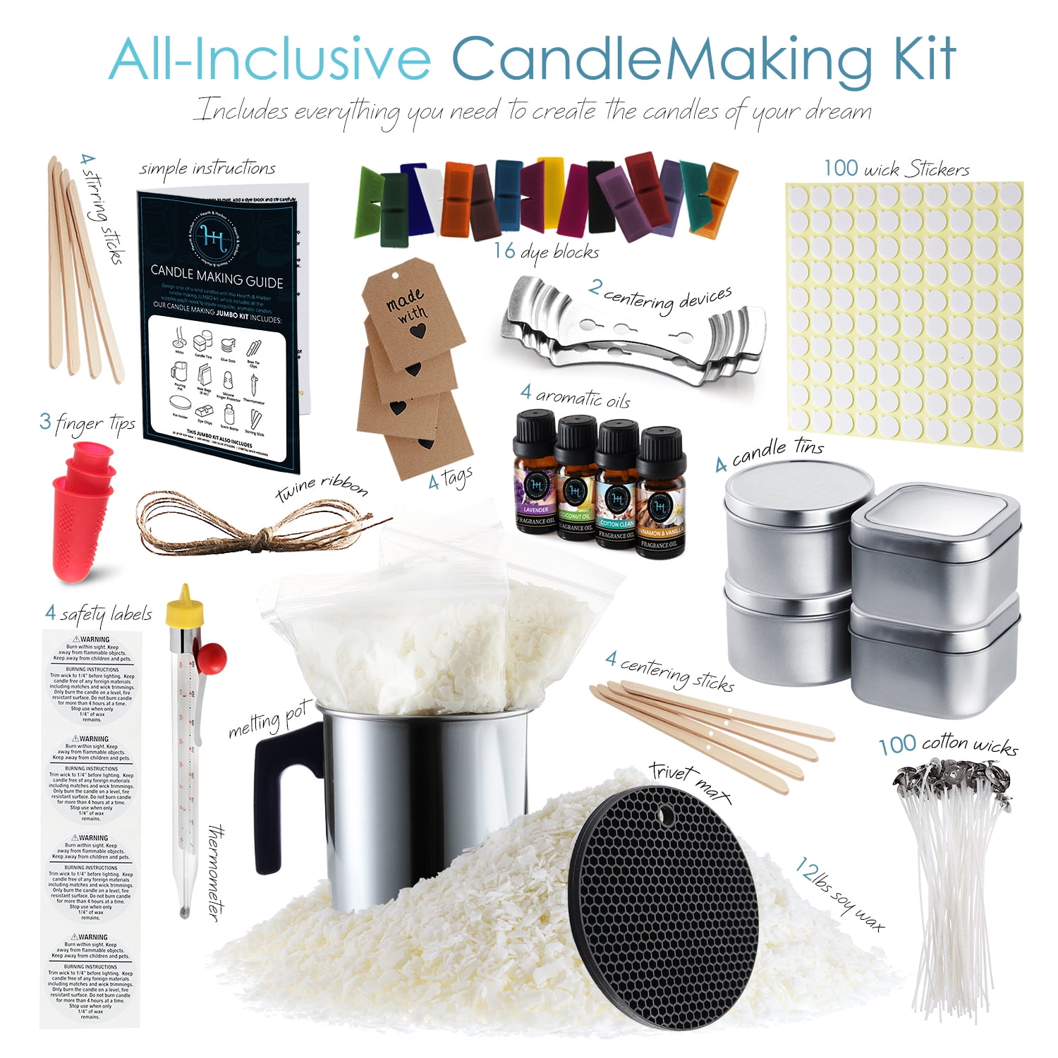 SkyMall Candle Making Kit, DIY Set Includes Melting Pot, 4 Metal Tins,4 x  5oz Soy Wax Bags, 4 Color Dye Blocks, 4 Fragrance Oils, Wicks, Thermometer