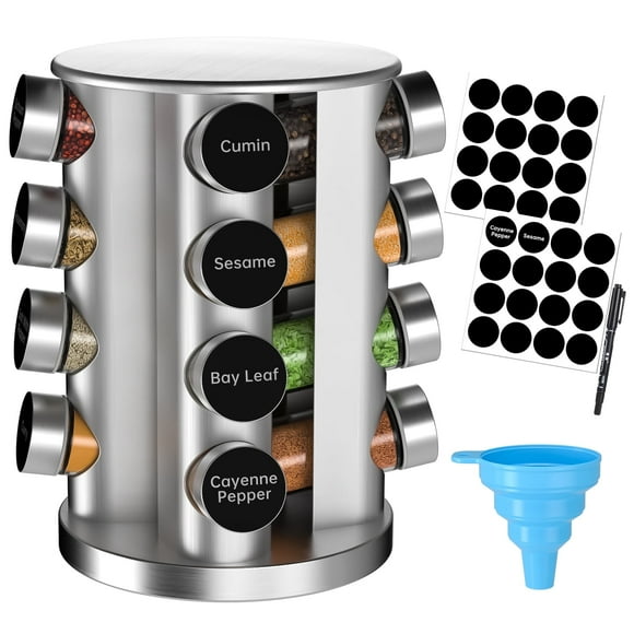 CshidWorld Organizador de Especias Giratorio de 16 Frascos, Estante de Especias para Almacenamiento en Encimera/gabinete/cocina, Torre de Especias Giratoria de Acero Inoxidable con 32 Etiquetas de Es
