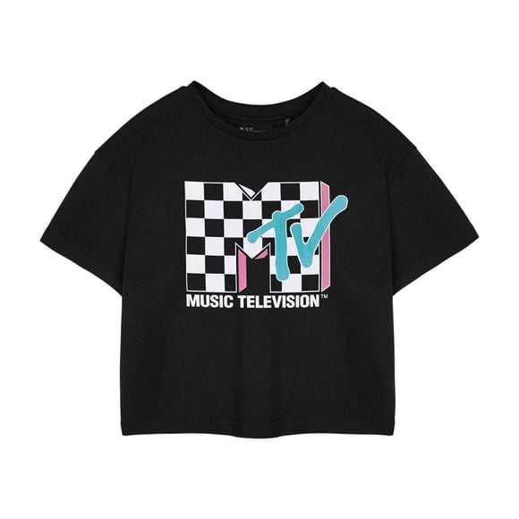 MTV Womens Checkerboard Logo Short-Sleeved Crop T-Shirt
