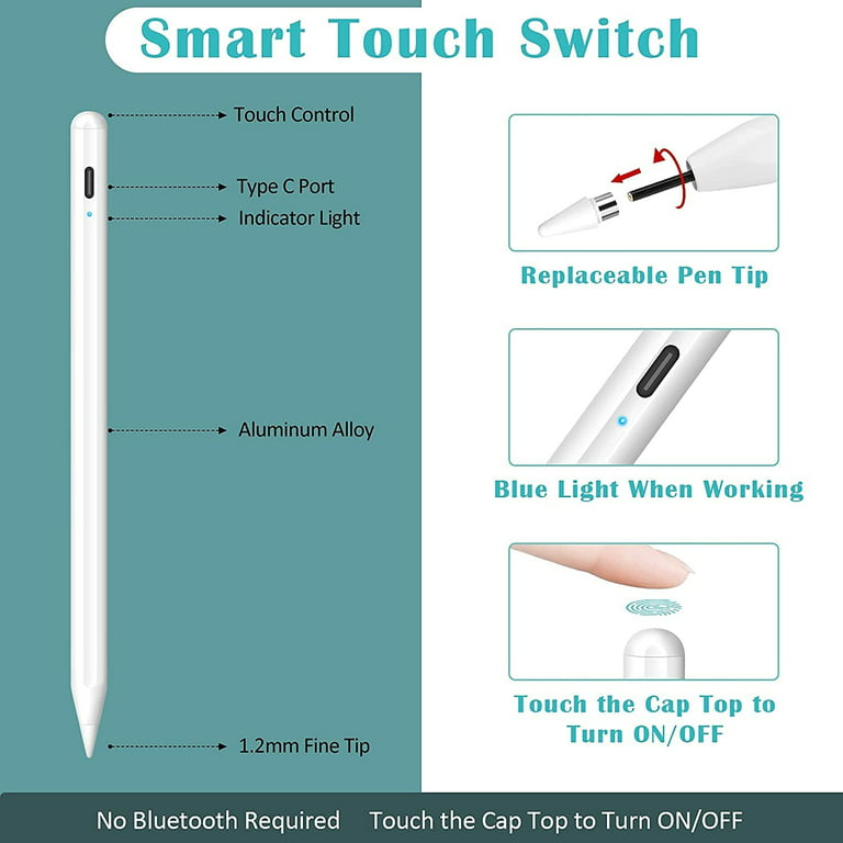iPad 10th/9th/8th Generation 10.2 Stylus Pencil with Palm Rejection,Type C  Charge 1.5mm POM Tip Active Drawing Writing Pen Compatible with Apple