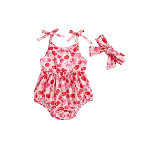 Aojekbee Baby Girl 2Pcs Summer Outfits Sleeveless Tie Strap Fruit/Floral Print Romper with Headband Set Newborn Clothes