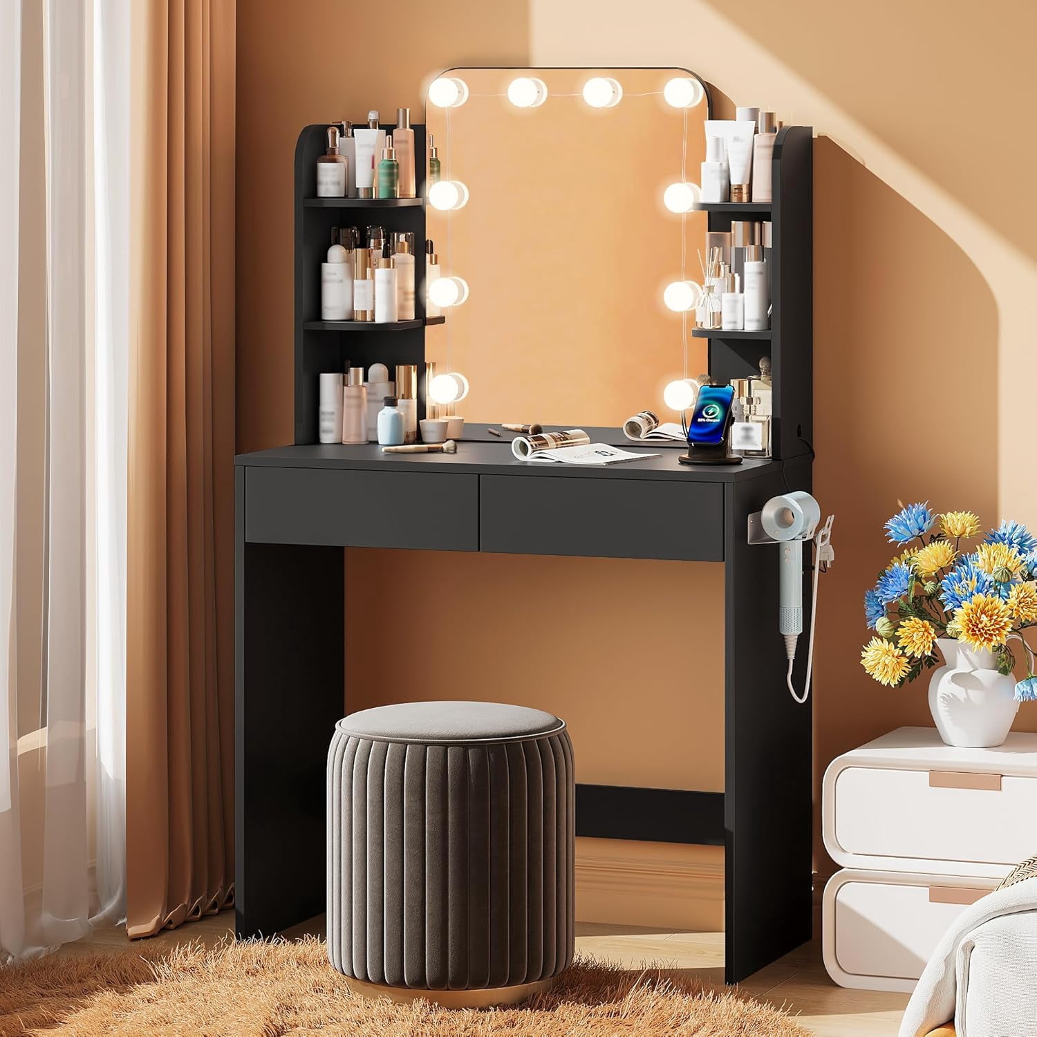 Black Small Vanity Desk with Lighted Mirror and Power Outlet, Pipleo 31.5" Makeup Table with 2 Drawers & 6 Storage Shelves, Women Girls Vanity for Small Space, Easy Assembly