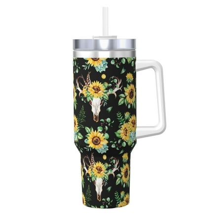 

Gaeub Sunflower Skull Boho Print Stainless Steel Hot/Cold Coffee Cup 40oz Ice Bully Cup With Handle And Straw Travel Coffee Cup