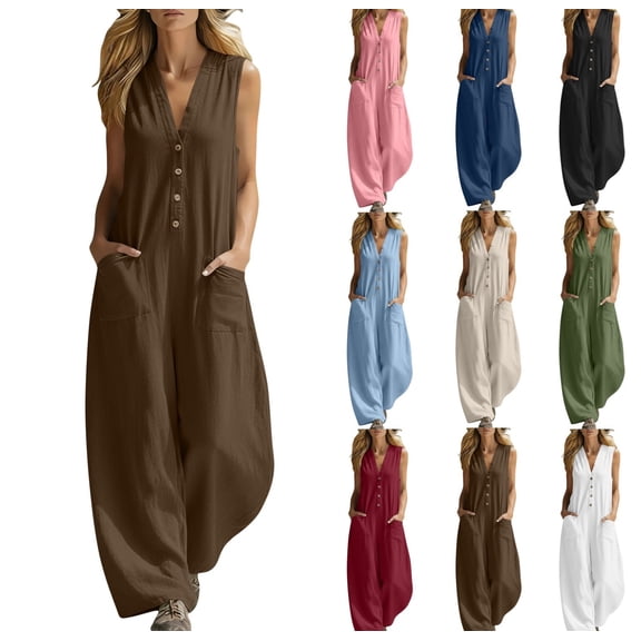 LEKWK Jumpsuits for Women V-Neck Button Down Sleeveless Casual Rompers Lightweight Wide Leg Linen with Pockets Summer Beach Vacation One Piece Outfits