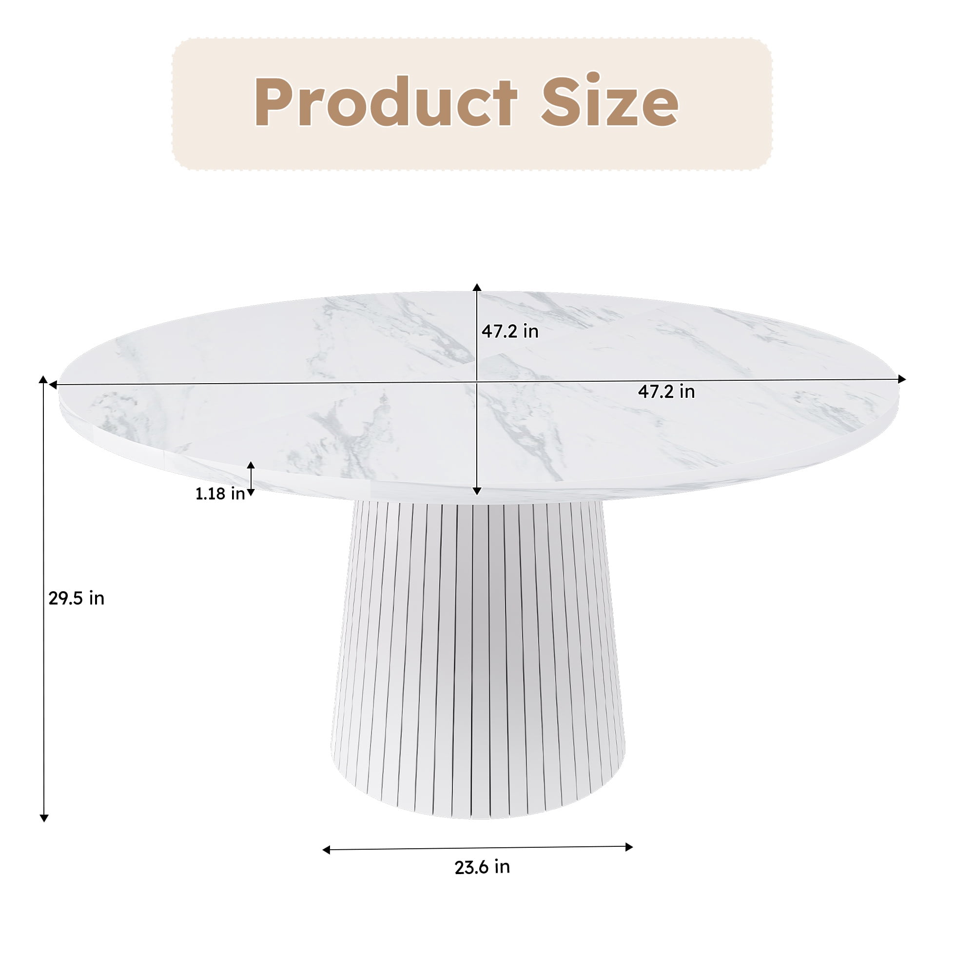 PORKISS 47" Circle Dining Table, Fluted Round Kitchen Table for 4 with 1.18" Thick Wood Tabletop, Modern Farmhouse Dining Room Table with Metal-Reinforced Base for Kitchen, White