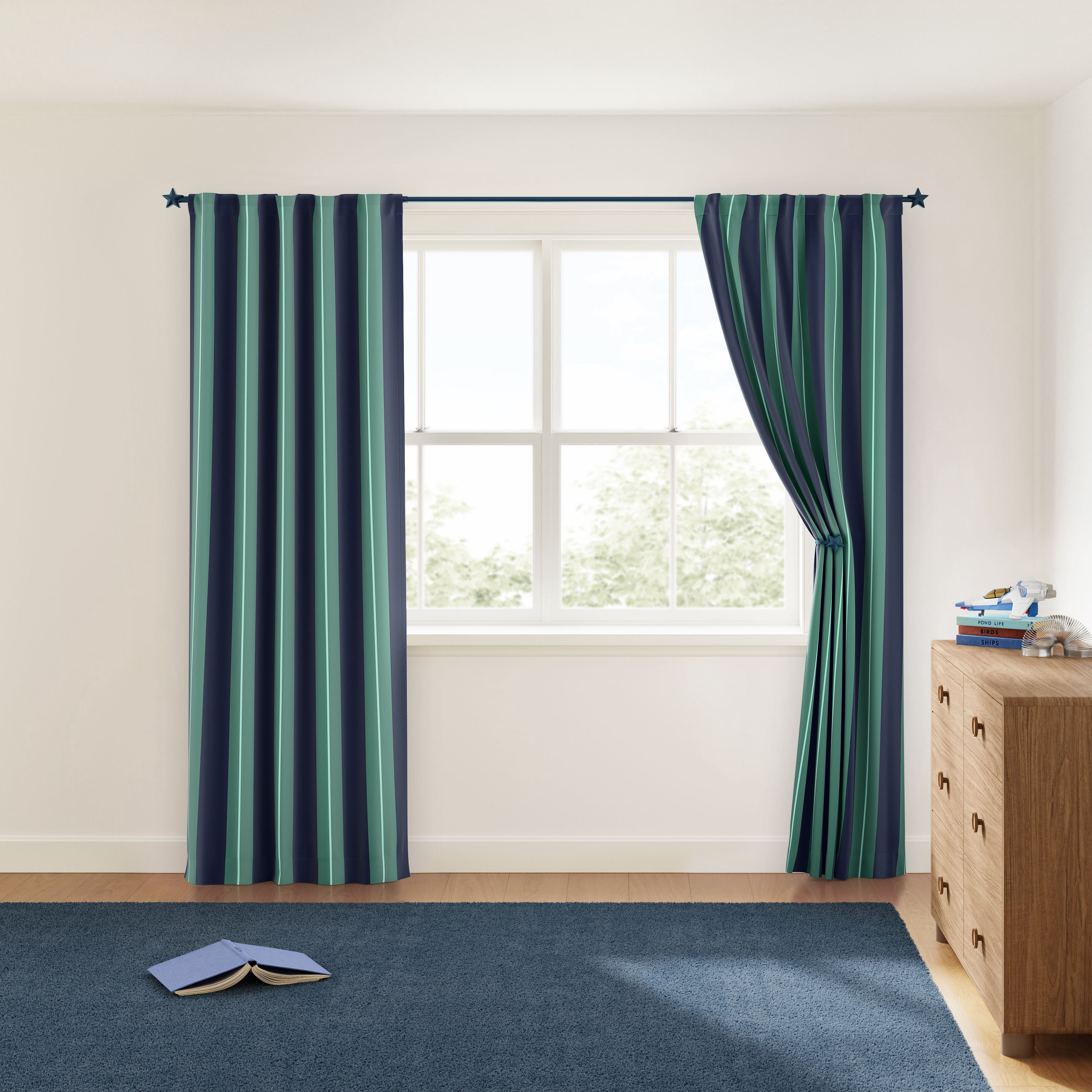 Mainstays Kids Green and Navy Blue Printed Blackout Rod Pocket with Back Tabs Single Curtain Panel, Set of 1, 38" W x 84" L