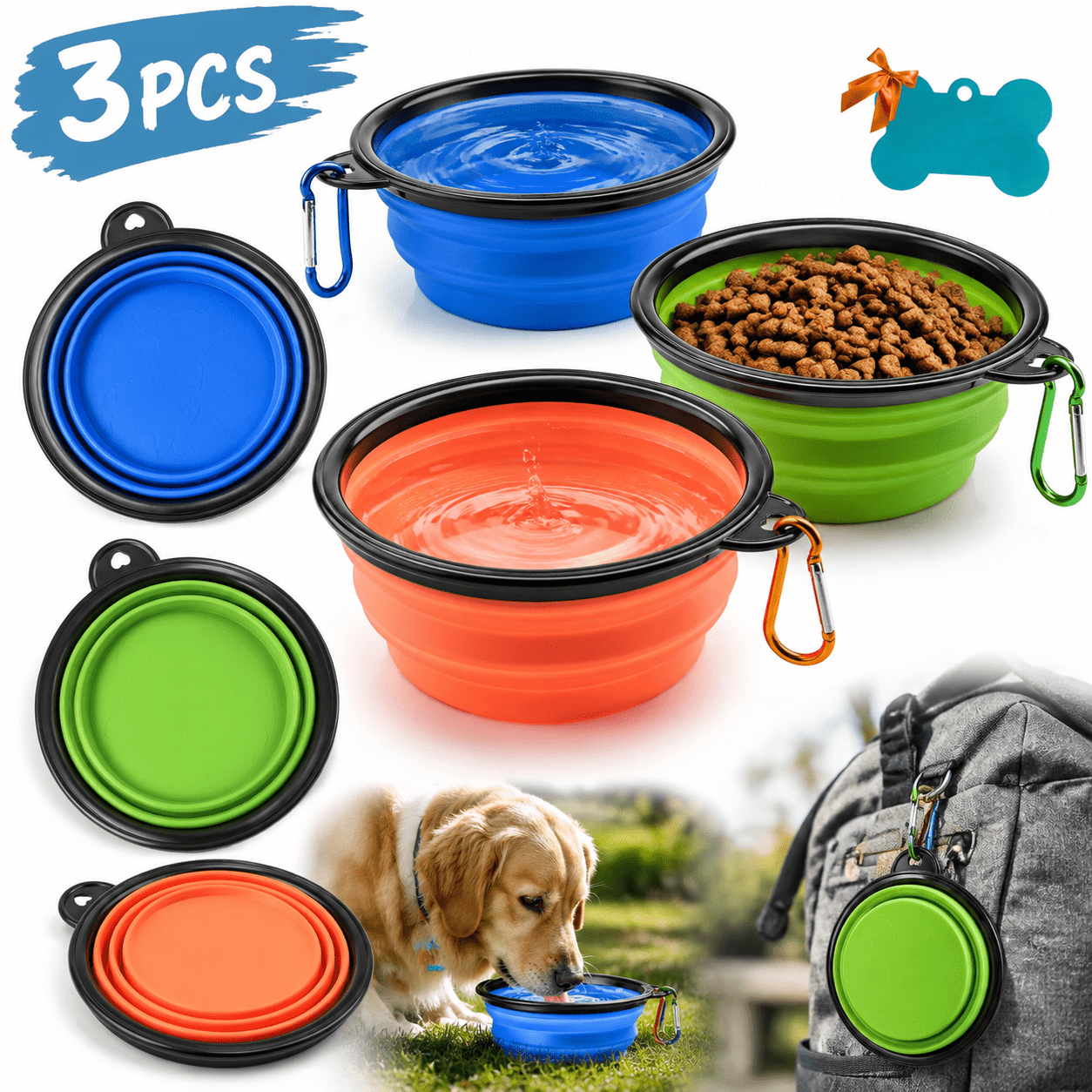 Emlimny 3 Pack Collapsible Silicone Dog Bowl, Foldable Expandable Cup Dish for Small Pet Cat Food Water Feeding Portable Travel Bowl, Pet ID-Tag