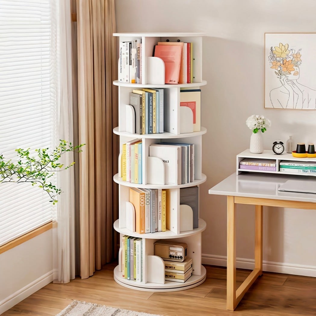 5-Tier Rotating Bookshelf, 360° Spinning Bookcase Tower with Wraparound Baffles, Space-Saving Round Display Shelf for Bedroom, Living Room & Home Office, Warm White
