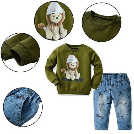 

Esaierr 2PCS Kids Baby Boy Sweatshirt Clothes Tracksuit Outfit Toddler Lion Print Sweatsuit Tops Dinosaur Long Pant Jeans Fall Winter Two Pieces 1-7 Years