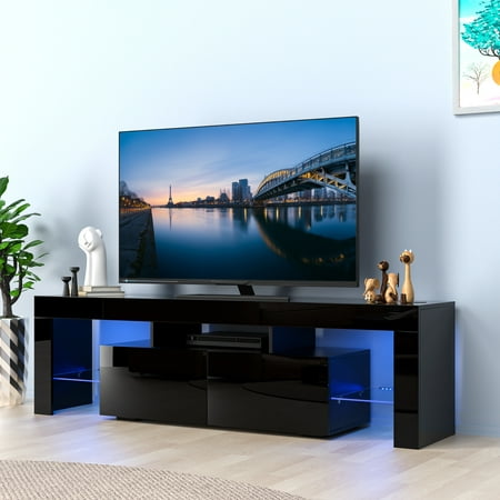 ChVans 63" High Glossy LED TV Stand for 70 in TV, Modern Entertainment Center with RGB LED Lights and Storage(Black)