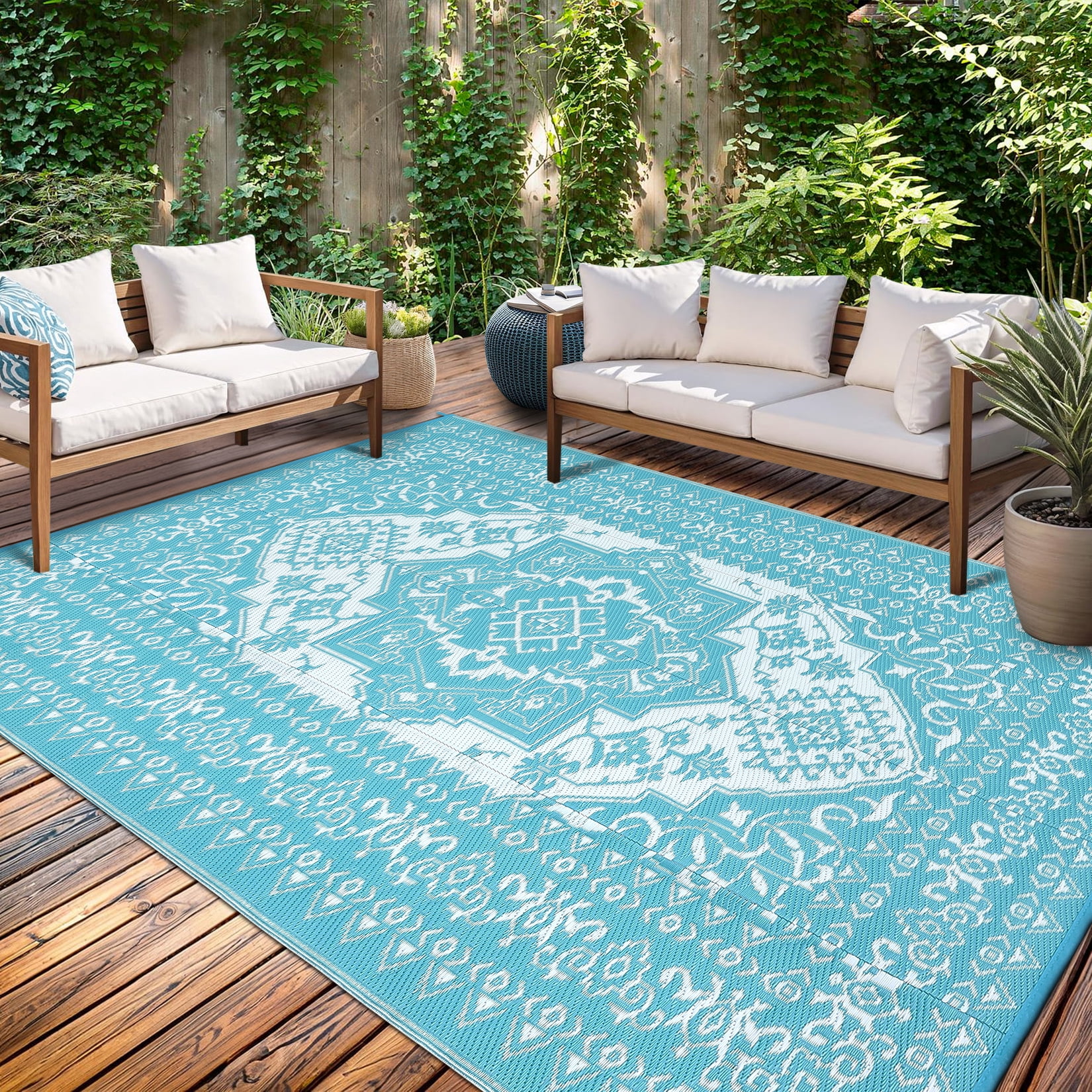 Outdoor Rug 8x10 Waterproof Reversible Plastic Straw Patio Mat, Vintage Medallion Indoor Outdoor Carpet for Deck Balcony Porch RV Camping Picnic