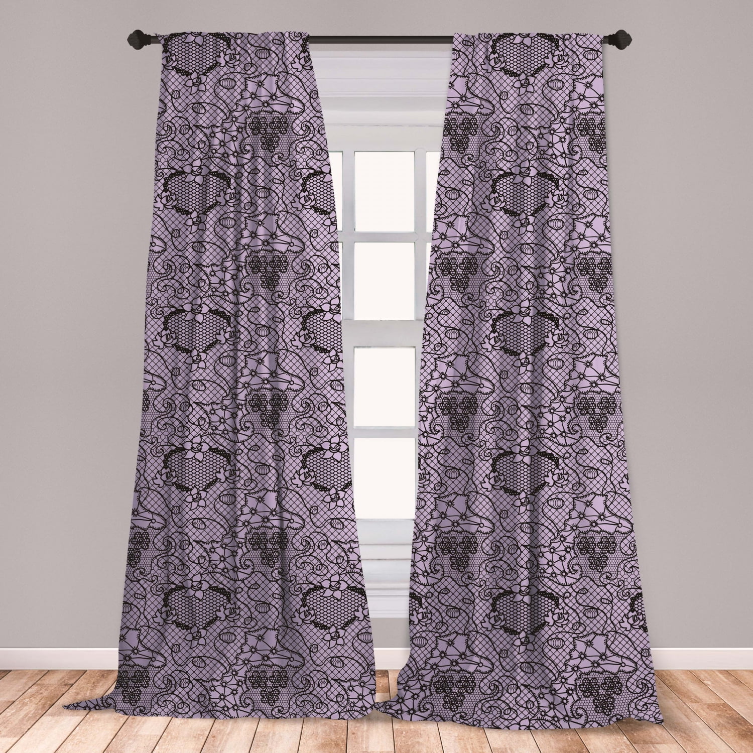 Gothic Curtains 2 Panels Set, Black Lace Style Needlecraft Pattern with
