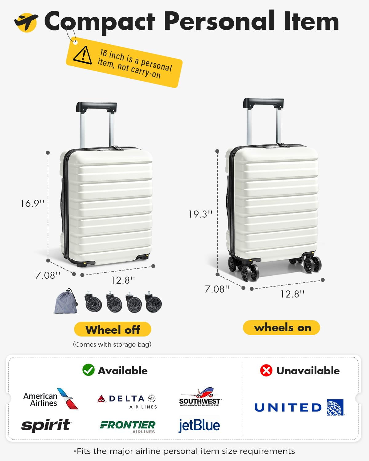 16 Inch Airline Approved Underseat Carry On Luggage, Lightweight Hard Shell Personal Item Suitcase with TSA Lock & Spinner Wheels, Beige for Travel