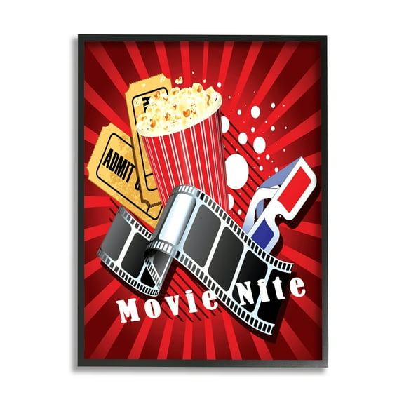 Stupell Industries Movie Nite Striped Vintage Cinema Popcorn Sign Graphic Art Black Framed Art Print Wall Art, Design by Yvonne Coleman Burney