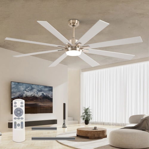 72 Inch Modern Ceiling Fan with Light Kit, 3-Color Dimmable LED, DC Motor 6 Speed, 8 Plywood Reversible Blades, Remote Control Indoor Ceiling Fan for Patio Living Room Bedroom Office, Nickel