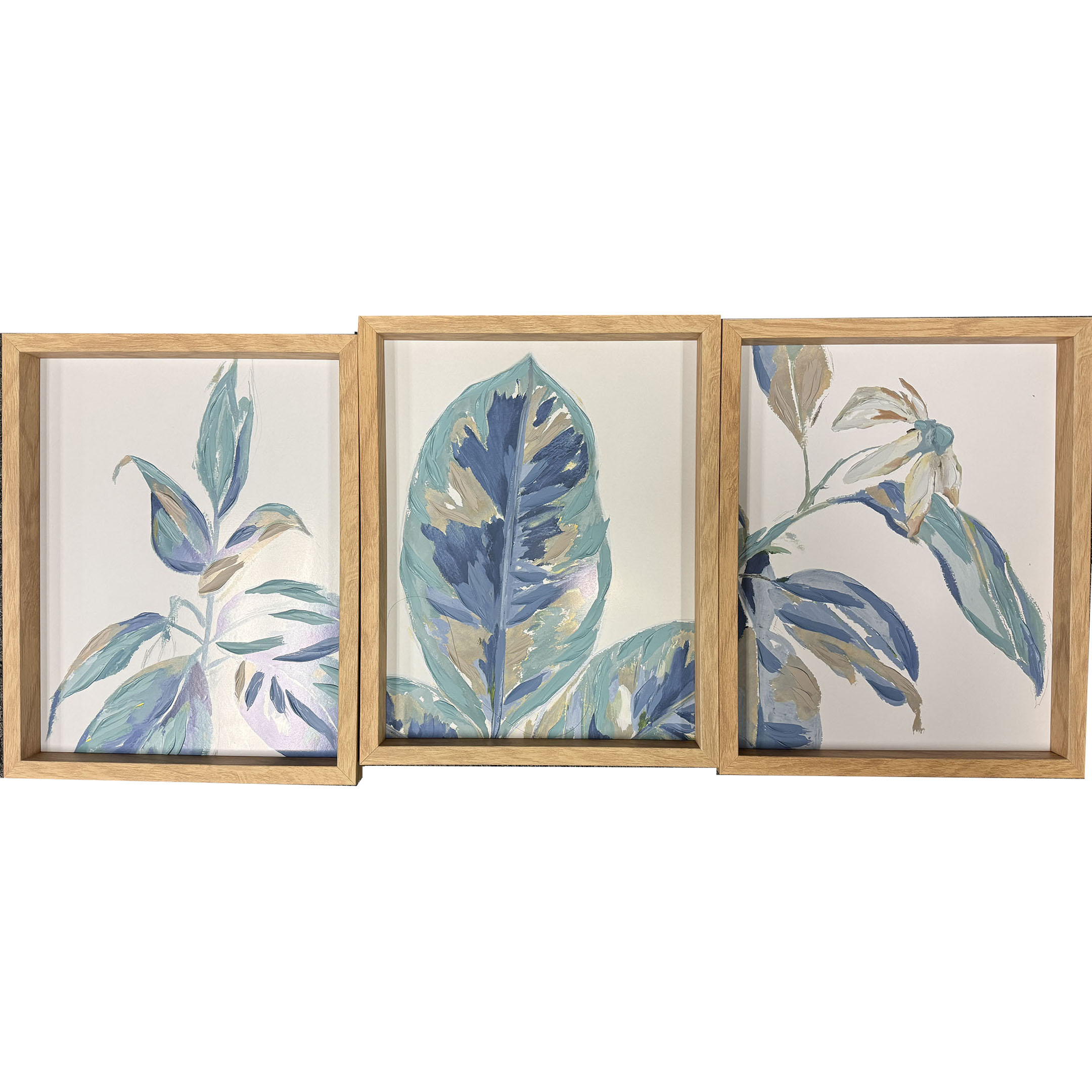 Beautiful Blue Spring Leaf 3-Piece Botanical Wall Art Set – 11x14 Framed Rectangle Prints in Hickory Frame – Modern Blue Green Foliage Home Décor