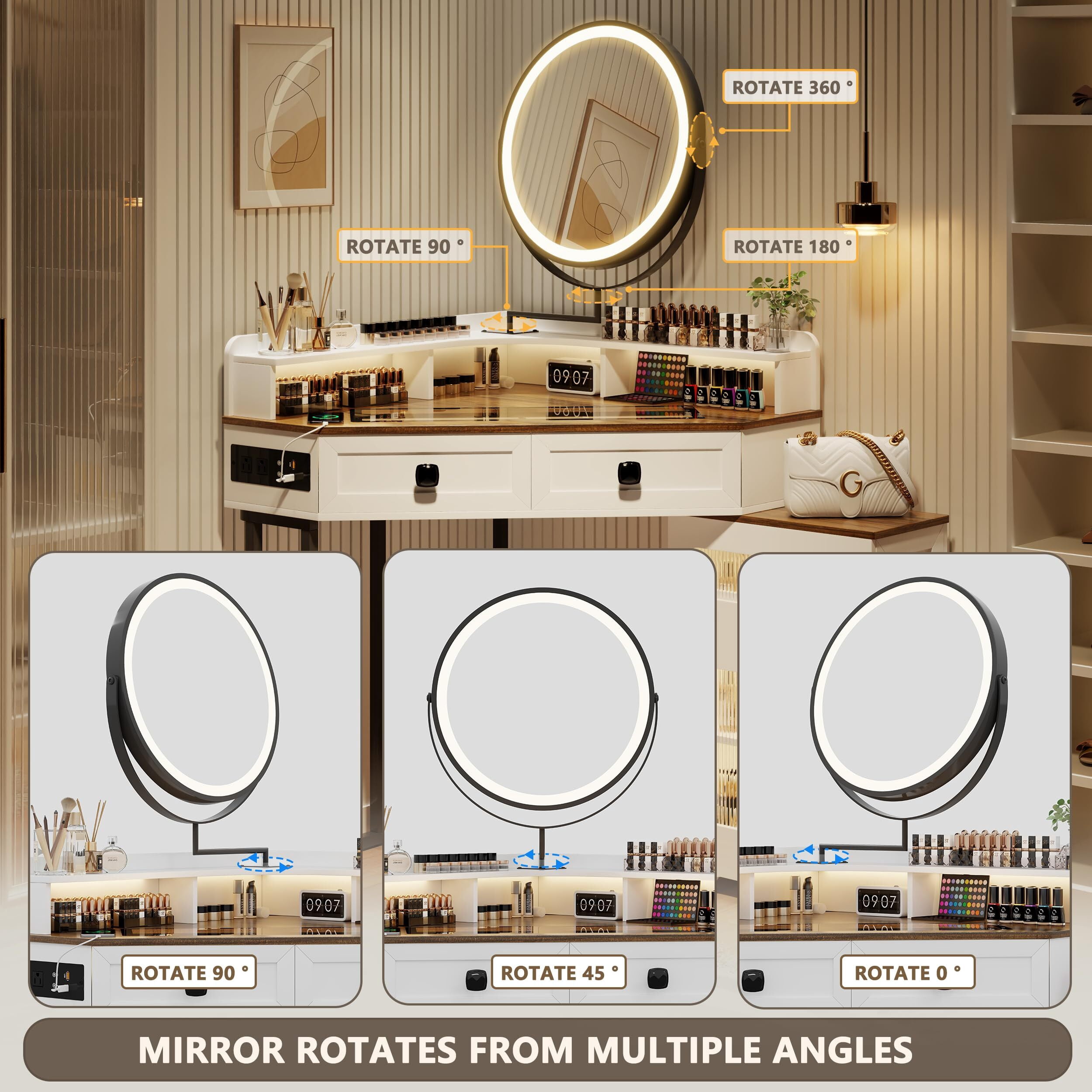 Aukfa Makeup Vanity Table with Mirror and Lights, Vanity Desk with Drawers and Shelves, White