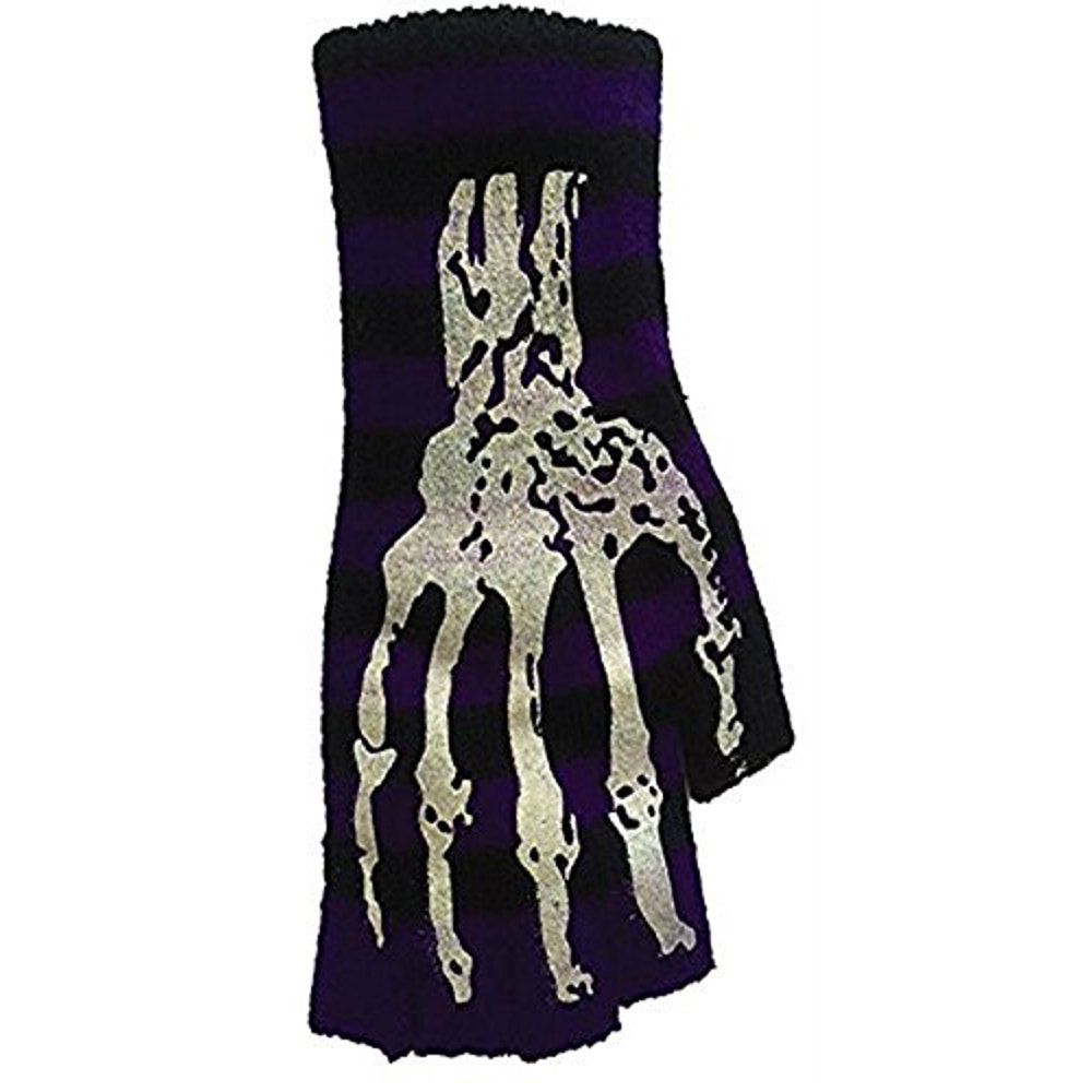 Halloween Wholesalers Striped Short Fingerless Gloves with Skeleton Print (Purple)