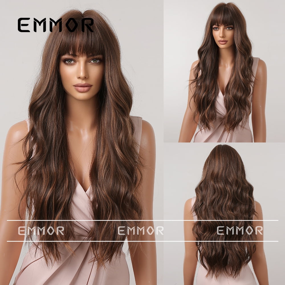 Women's Wig with Bangs, Highlighted Gradient Brown, Big Wavy Long Hair, Natural Full Head Wig, Daily Realistic Wig