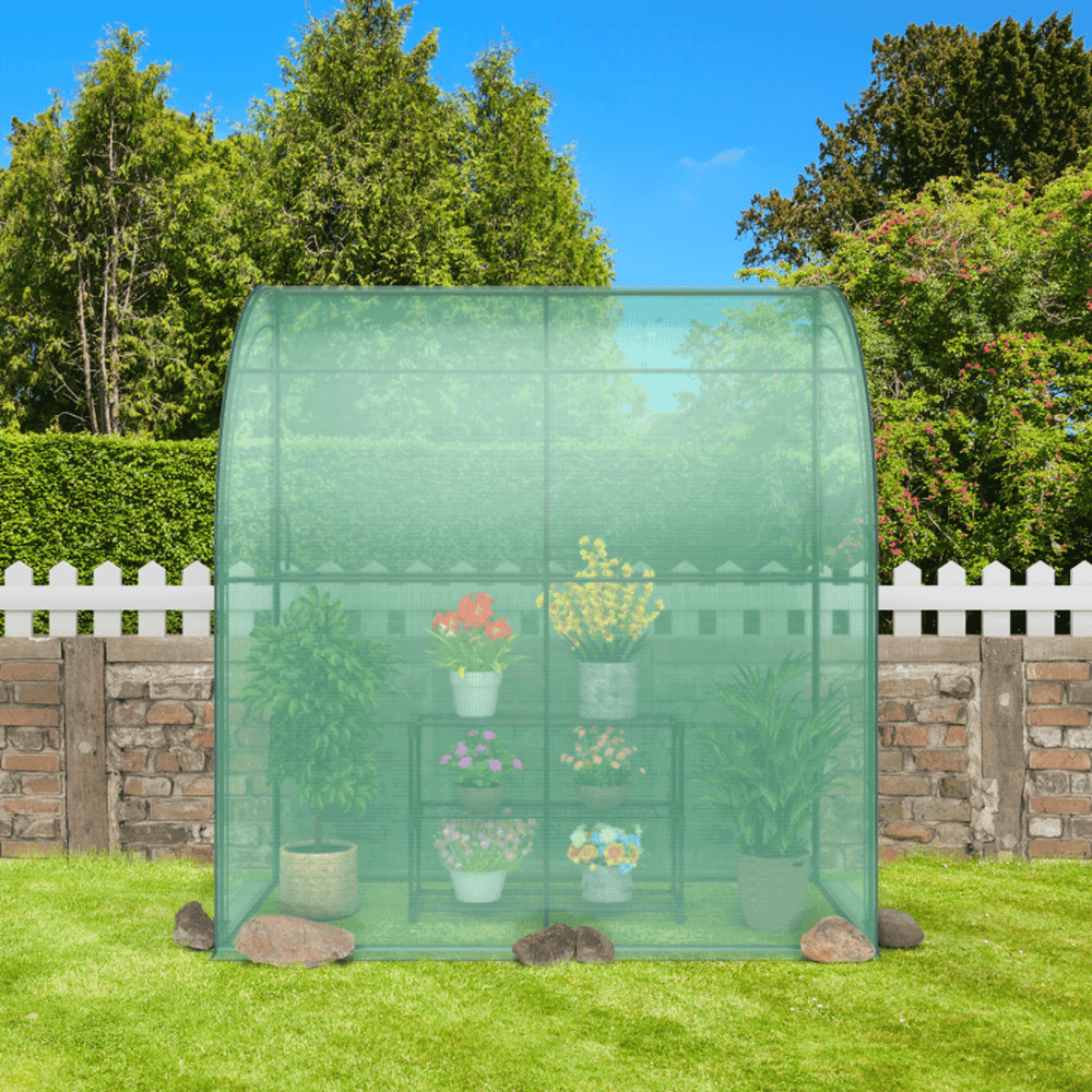 Spaco 7 x 3.5 x 7 Feet Lean-to Greenhouse with Flower Rack, Walk-in Wall Greenhouse for Outdoor as Backyard, Garden, Patio, Lawn, Green