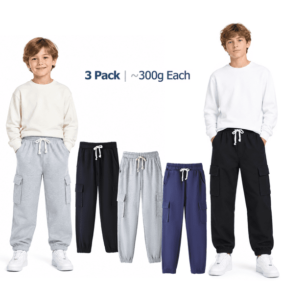HILEELANG 3-Pack Boys' Sweatpants 5-15 Years Navy/Gray/Black Cotton Blend Kids Pants School Wear 9-10T