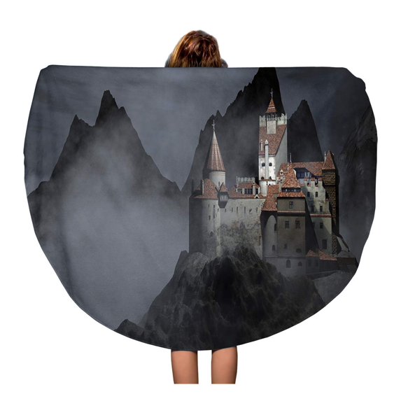 KDAGR 60 inch Round Beach Towel Blanket Fog Dracula Castle on Top of Mountain Foggy Night Travel Circle Circular Towels Mat Tapestry Beach Throw