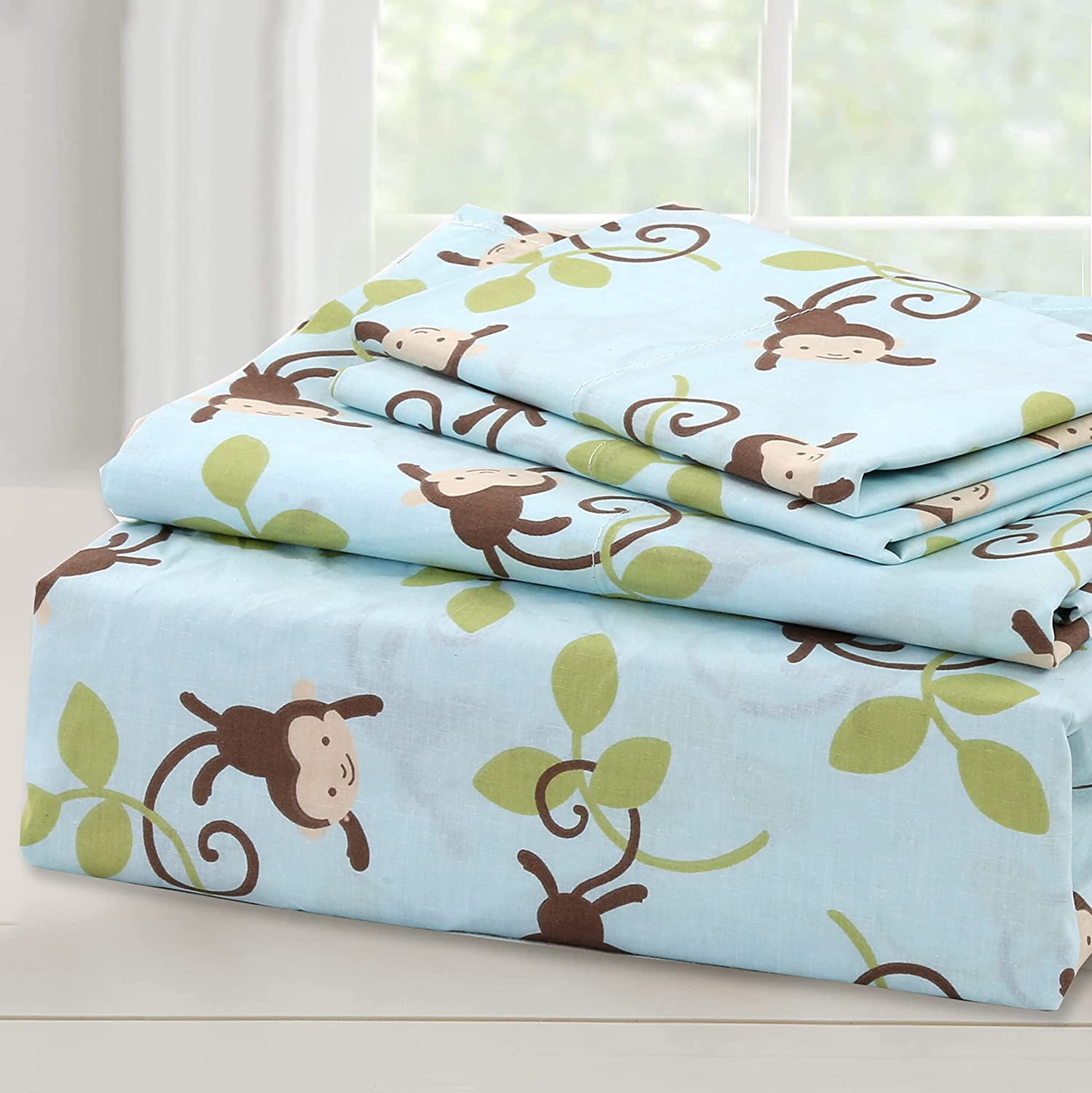 Jungle Monkey Tails Swing 3 Piece Blue Cotton Toddler Sheet Set