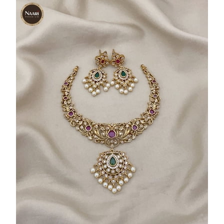 Indian Bollywood Bridal Jewelry Set Ethnic Gold Plated Necklace & Earrings - Ruby Green Stone Bridal Jewelry