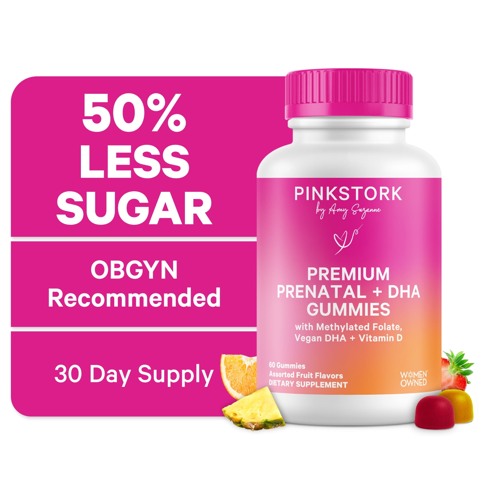 Pink Stork Prenatal Gummy Vitamins with DHA, Folate, and Vitamin D - 60 Vegan Gummies