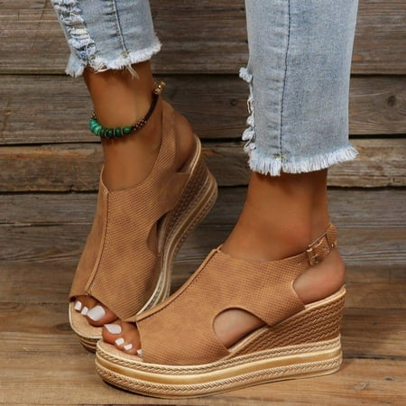 

Aayomet Sandals for Women Casual Summer Ladies Fashion Solid Color Hollow Out Leather Open Toe Buckle Wedge Heel Sandals Brown 6.5