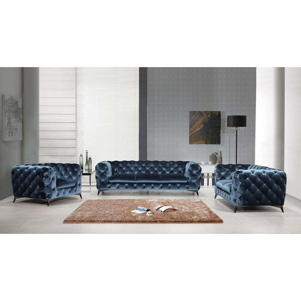 Modern Blue Velour Fabric Living Room Sofa Set 3 Pcs Traditional J&M