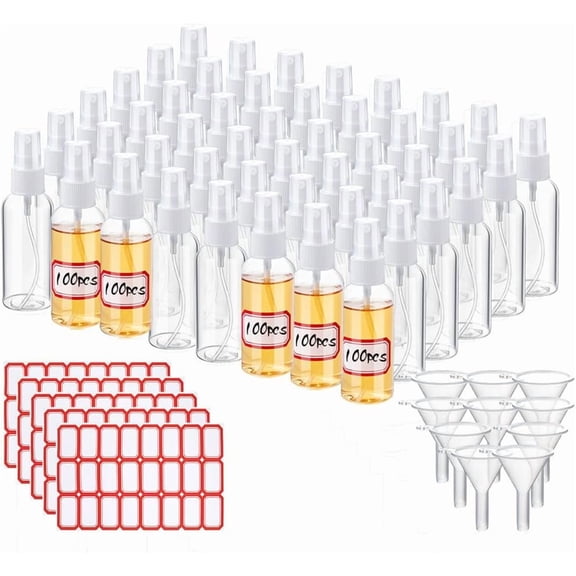 100pcs Small Spray Bottles 2oz/60ml Plastic Empty Spray Bottle Transparent Refillable Travel Bottle with 10pcs Small Funnel and 120pcs Bottles Labels