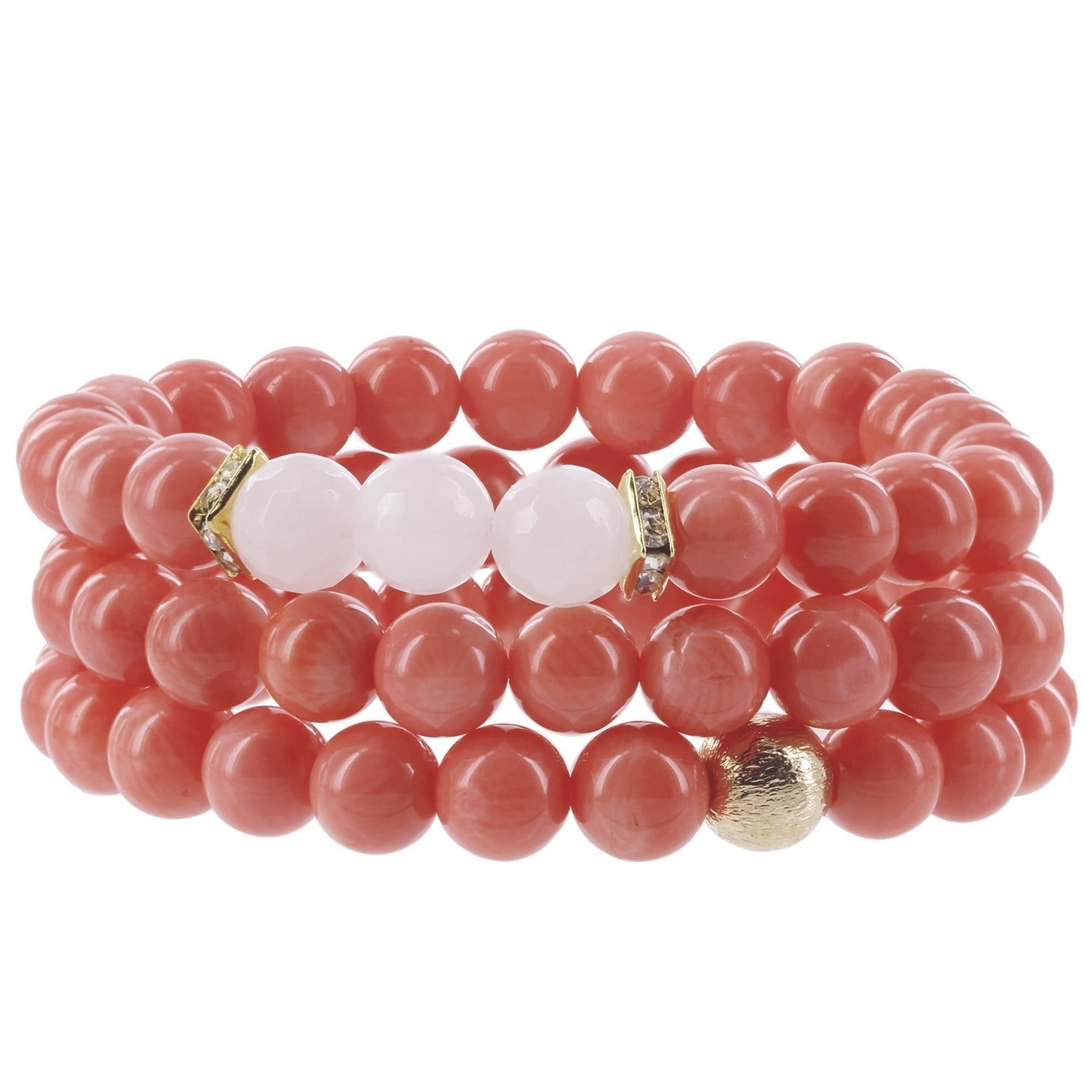 Fox and Baubles Eco-friendly Coral, Rose Quartz, Brass Bead and Crystal Spacers Beaded Stretch Bracelets (Set of 3) by Overstock
