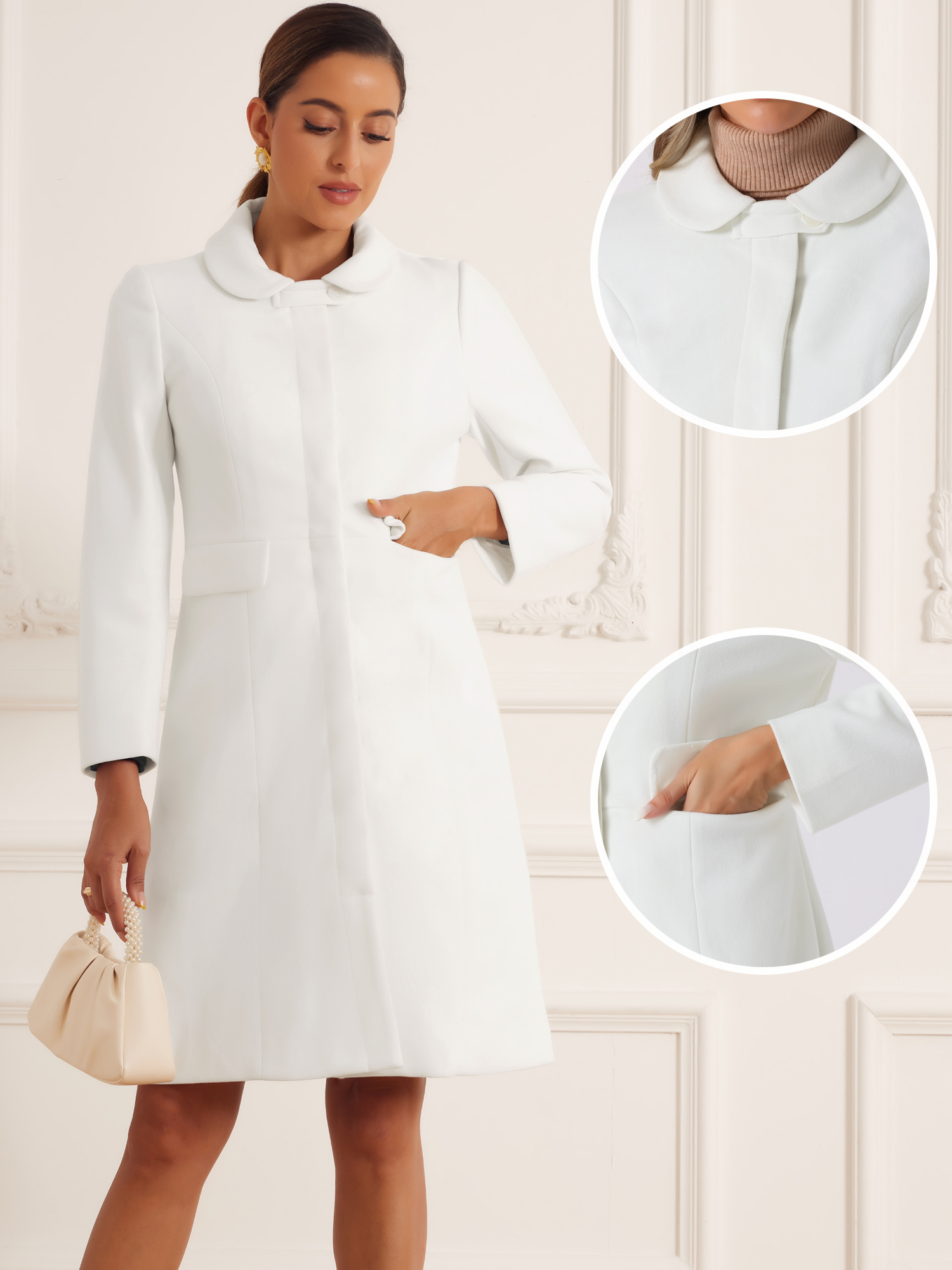 DARING DIVA Women's Winter Trench Peter Pan Collar Single Breasted Long Pea Coat S Cream White